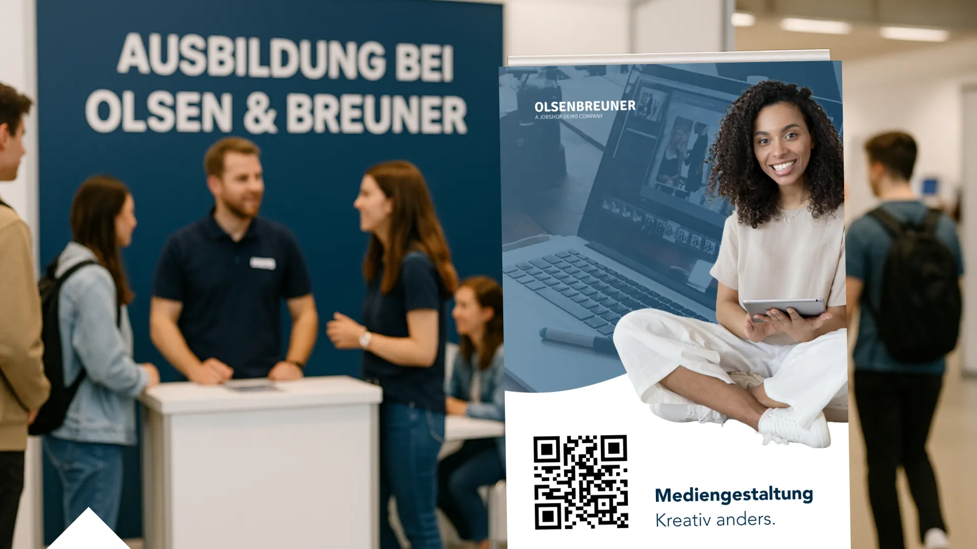 Auszubildende unterhalten sich an einem Infostand von Olsen & Breuner, IT-Unternehmen. Plakat zur Mediengestaltung.