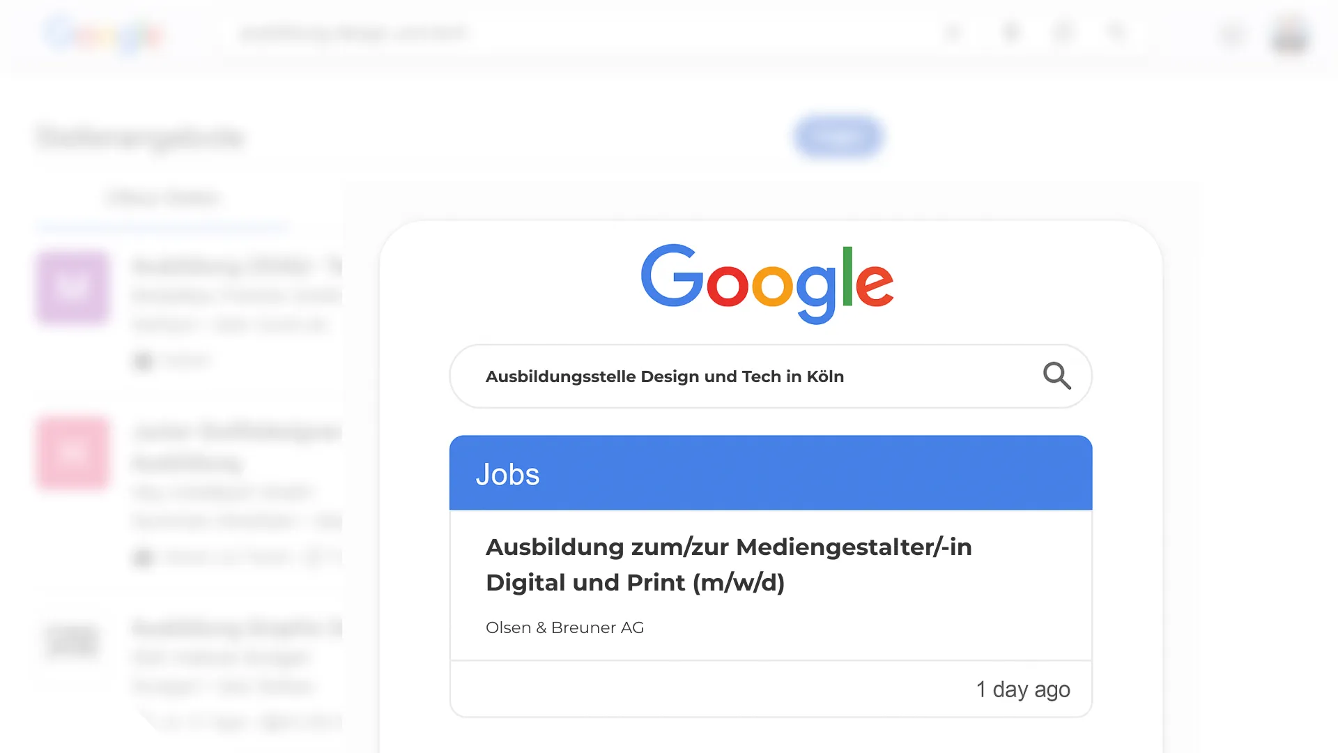 Google-Suchergebnis für eine Ausbildungsstelle als Mediengestalter/in Digital und Print bei Olsen & Breuner AG.