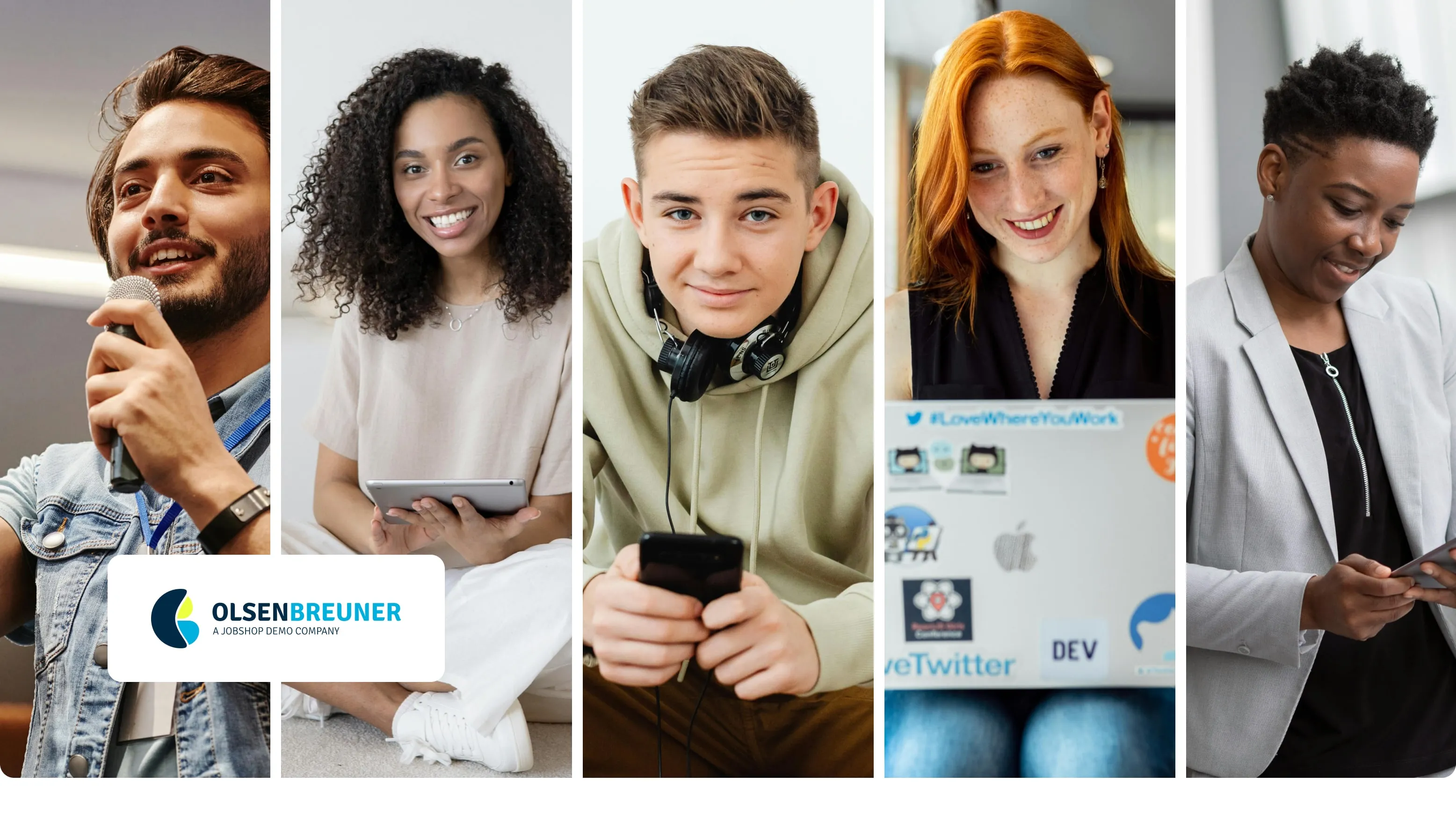 Fünf junge IT-Profis bei Olsen & Breuner: Präsentation, Tablet-Nutzung, Handy, Laptop und Smartphone im Büro.