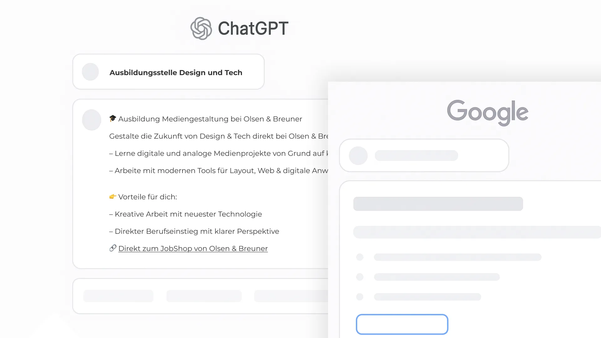 ChatGPT-Schnittstelle mit Text über eine Ausbildungsstelle bei Olsen & Breuner im Bereich Design und Tech.