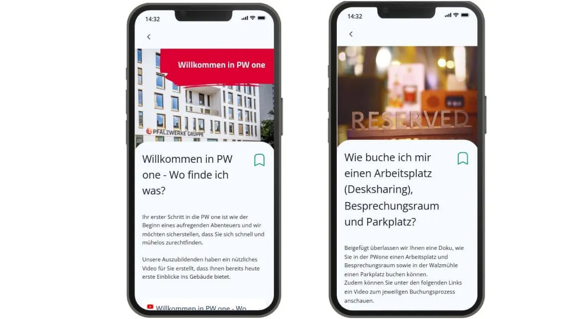 Zwei Smartphones zeigen Informationen von Pfalzwerke AG zur Arbeitsplatzbuchung und Orientierung in PW one.