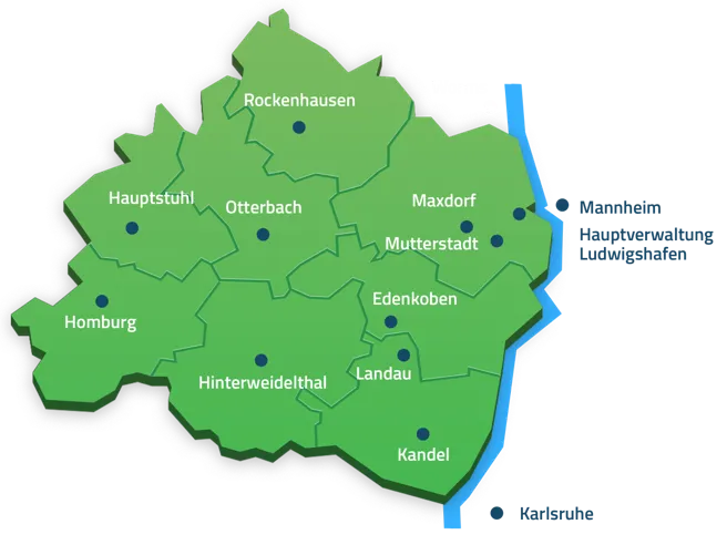 Karte der Pfalzwerke AG Region mit Städtenamen, darunter Mannheim und Hauptverwaltung in Ludwigshafen.