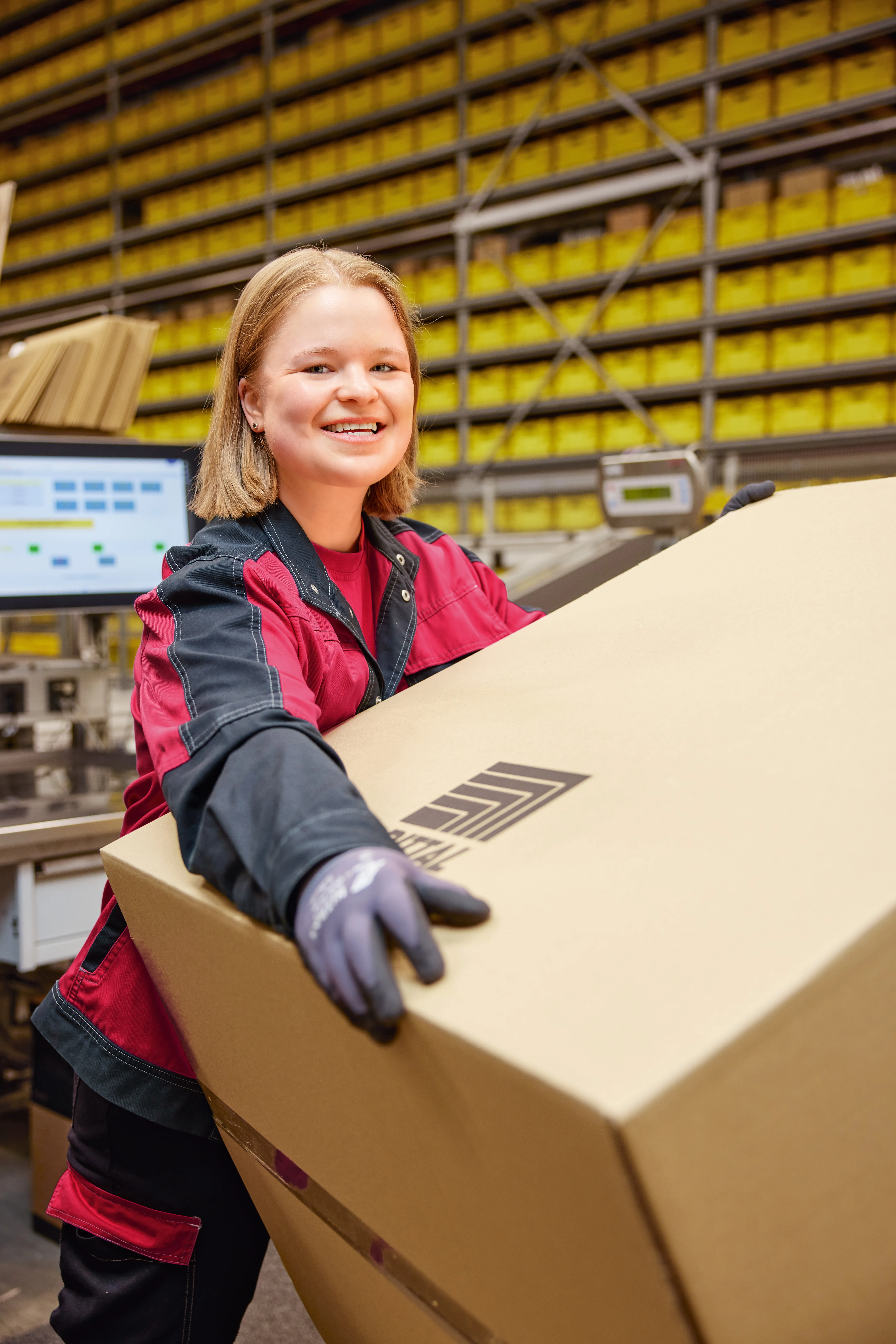 Young worker in a vibrant jacket smiling while handling a large package in a Rittal warehouse, showcasing a dynamic work environment.