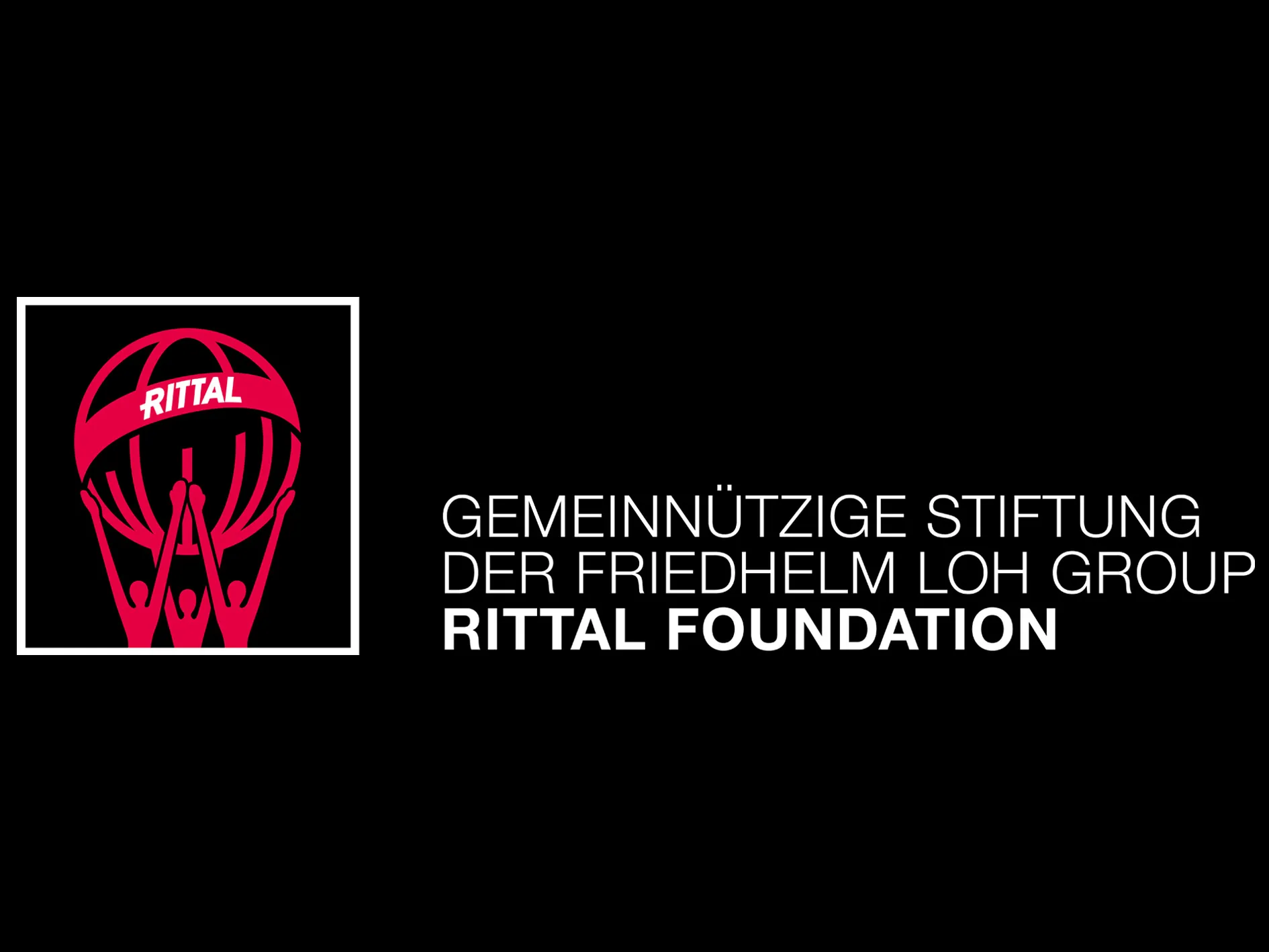 Das Logo der Rittal Foundation mit rotem Symbol und Text "Gemeinnützige Stiftung der Friedhelm Loh Group" auf schwarzem Hintergrund.