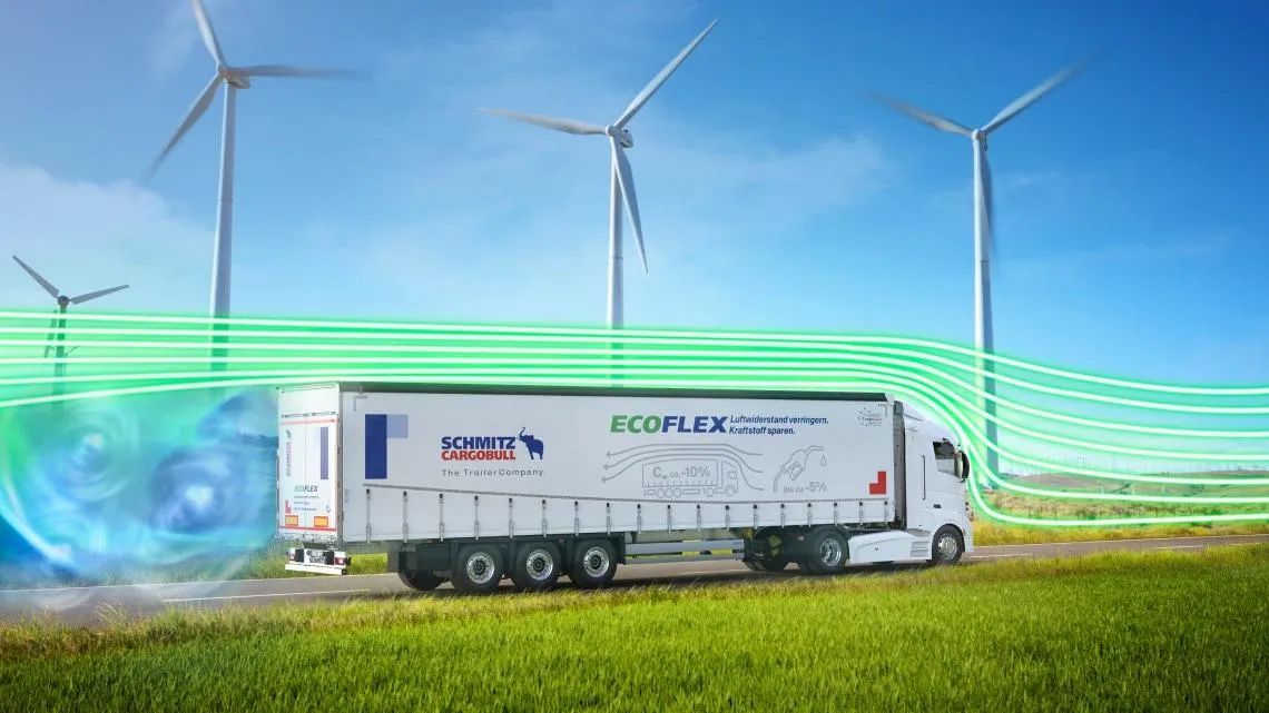LKW von Schmitz Cargobull auf Straße neben Windkraftanlagen, mit grünem Energiefluss, Symbol für nachhaltige Mobilität.