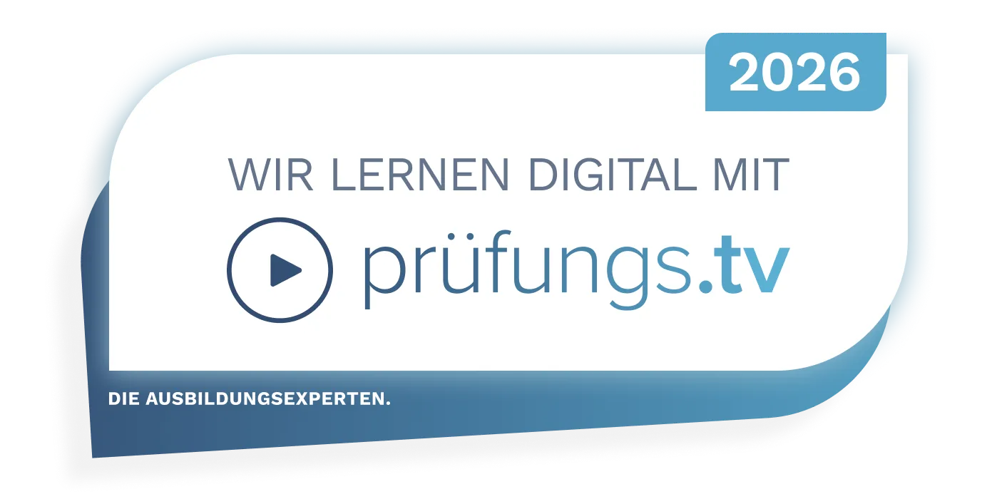 Ein Logo mit der Aufschrift "2024 Wir lernen digital mit prüfungs.tv" für eine digitale Lernplattform.