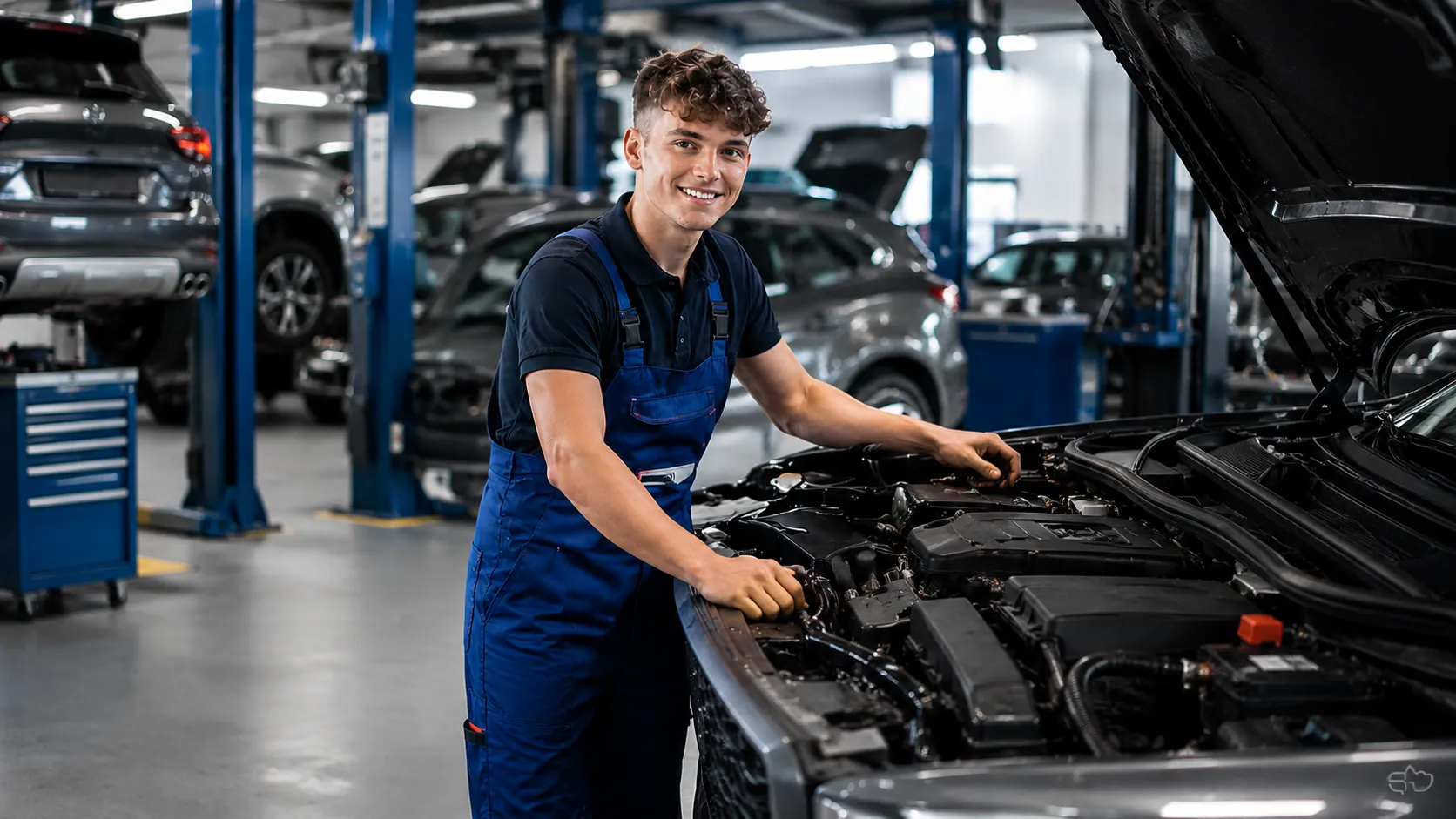 Junger Kfz-Mechatroniker arbeitet lächelnd am Motor eines Autos in einer modernen Werkstatt bei Stellantis.