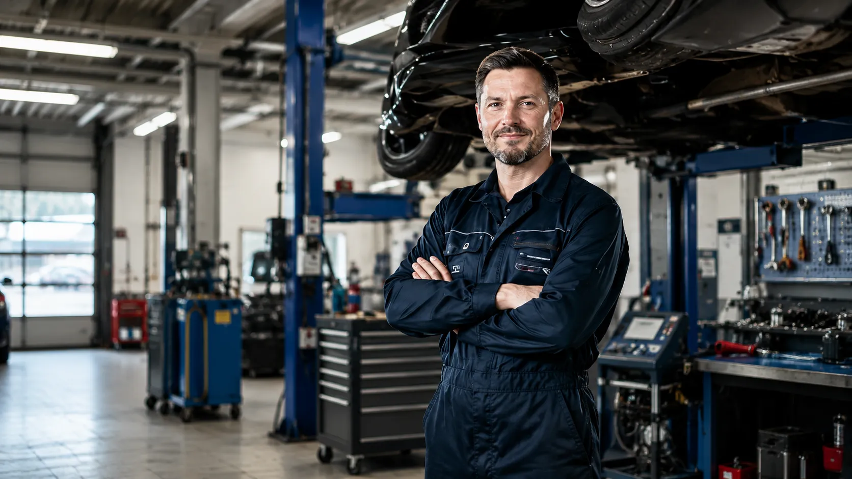 Ein Kfz-Mechatroniker steht selbstbewusst in einer modernen Werkstatt bei Stellantis, bereit für neue Herausforderungen.