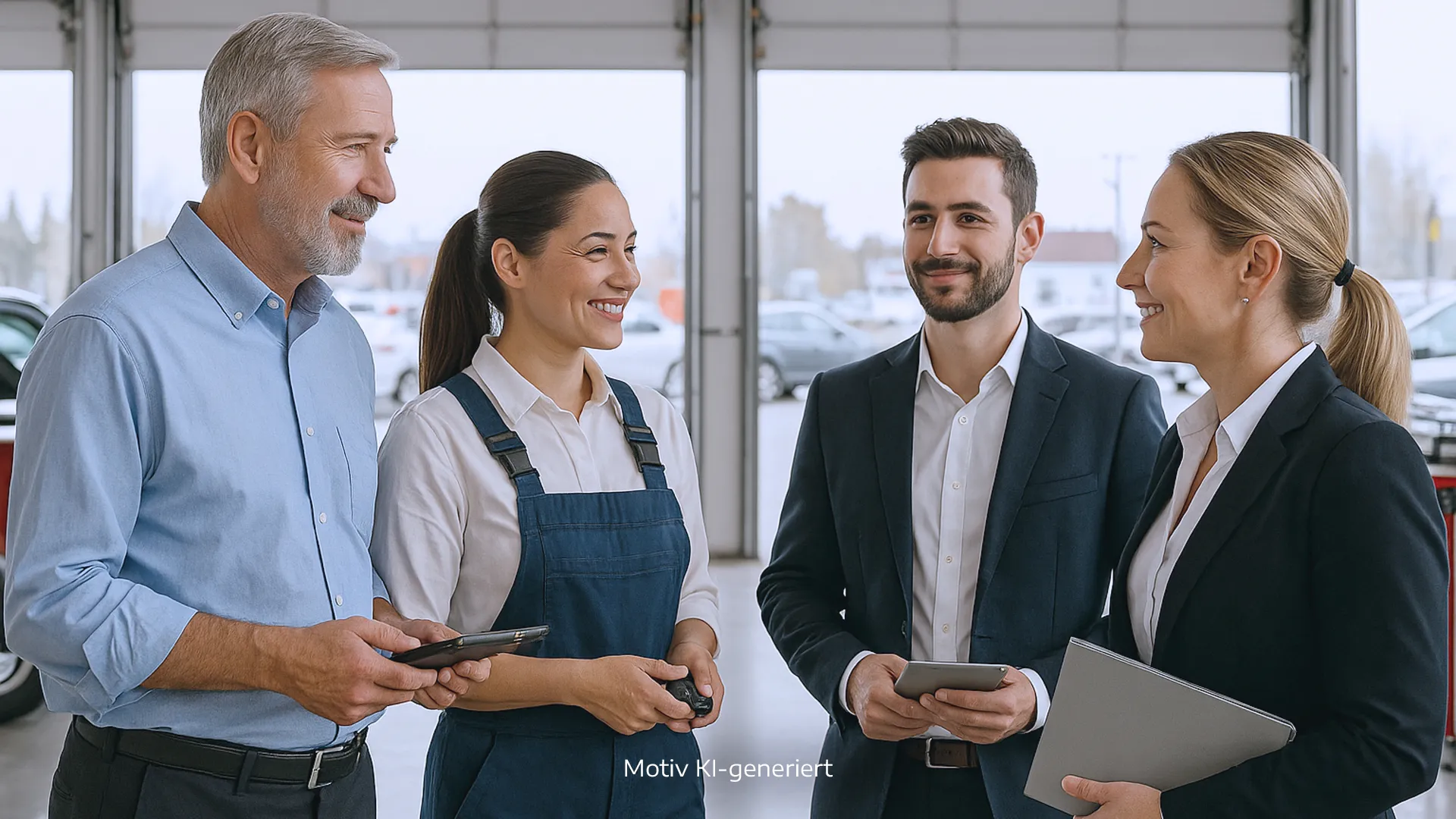 Eine Gruppe von vier Mitarbeitenden, die sich in einem Autohaus lächelnd unterhalten.