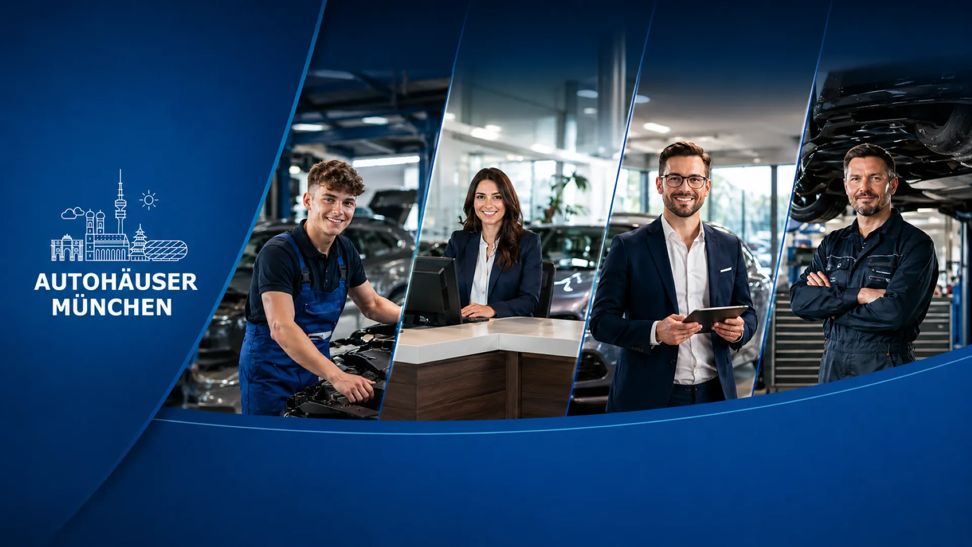 Vier freundliche Mitarbeitende in unterschiedlichen Rollen bei Stellantis Autohäusern München, begrüßen Dich im Autohaus.