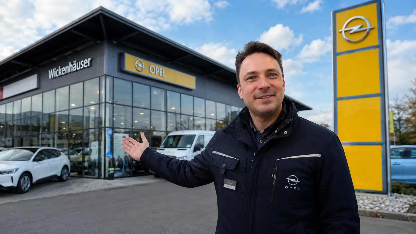 Ein Mitarbeiter begrüßt Dich vor einem modernen Opel-Autohaus und lädt Dich ein, Teil des Teams zu werden.