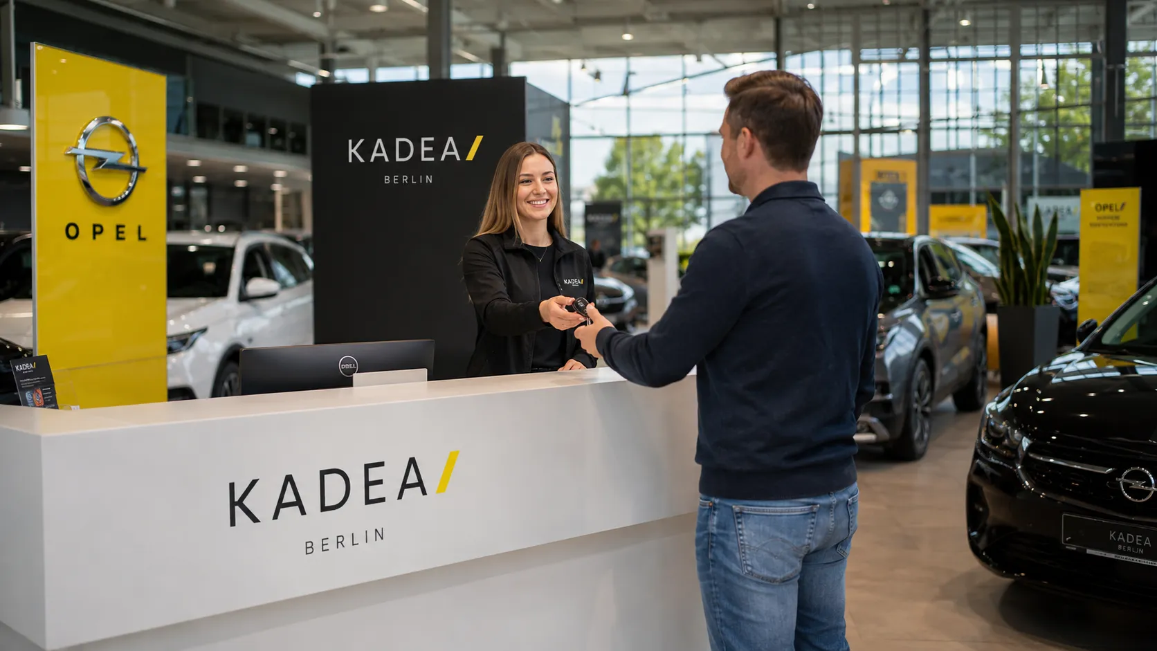 Eine freundliche Mitarbeiterin übergibt Dir am Empfang eines Opel-Autohauses den Autoschlüssel.