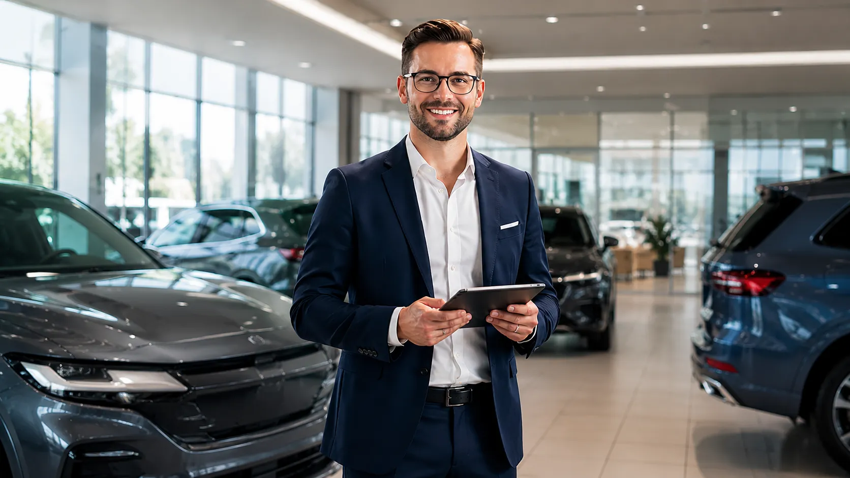 Junger Mann im Anzug mit Tablet steht in einem modernen Autohaus zwischen neuen Autos und lächelt Dich an.