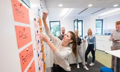 Eine Frau platziert Notizen an einem Whiteboard, während vier Kollegen im Hintergrund stehen und zuschauen.