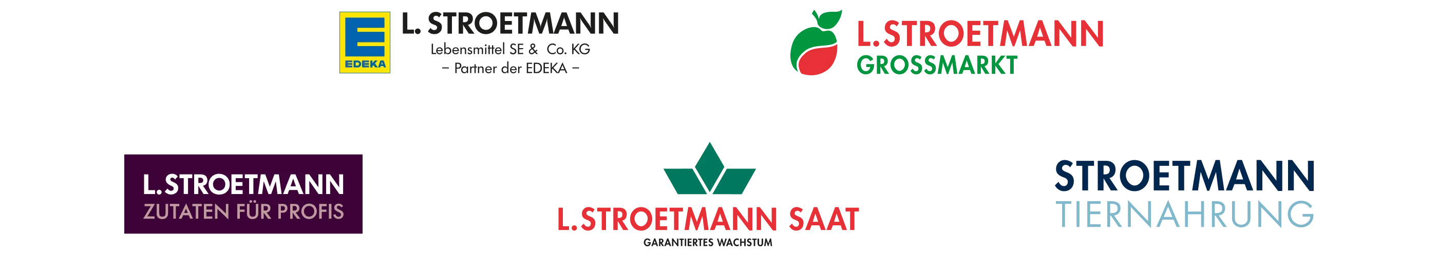 Sechs verschiedene Logos der L. Stroetmann-Gruppe aus der Lebensmittel- und Getränkebranche.