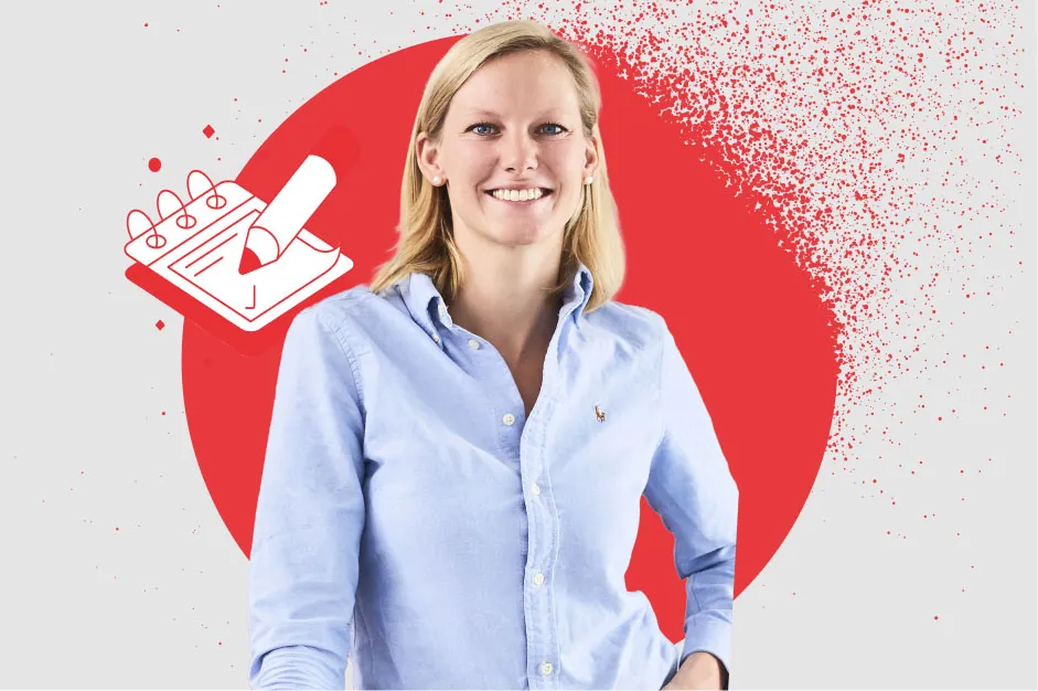 Junge Frau im blauen Hemd lächelt dich an, vor rotem Hintergrund mit Notizblock-Illustration – Karriere in Food & Beverage.