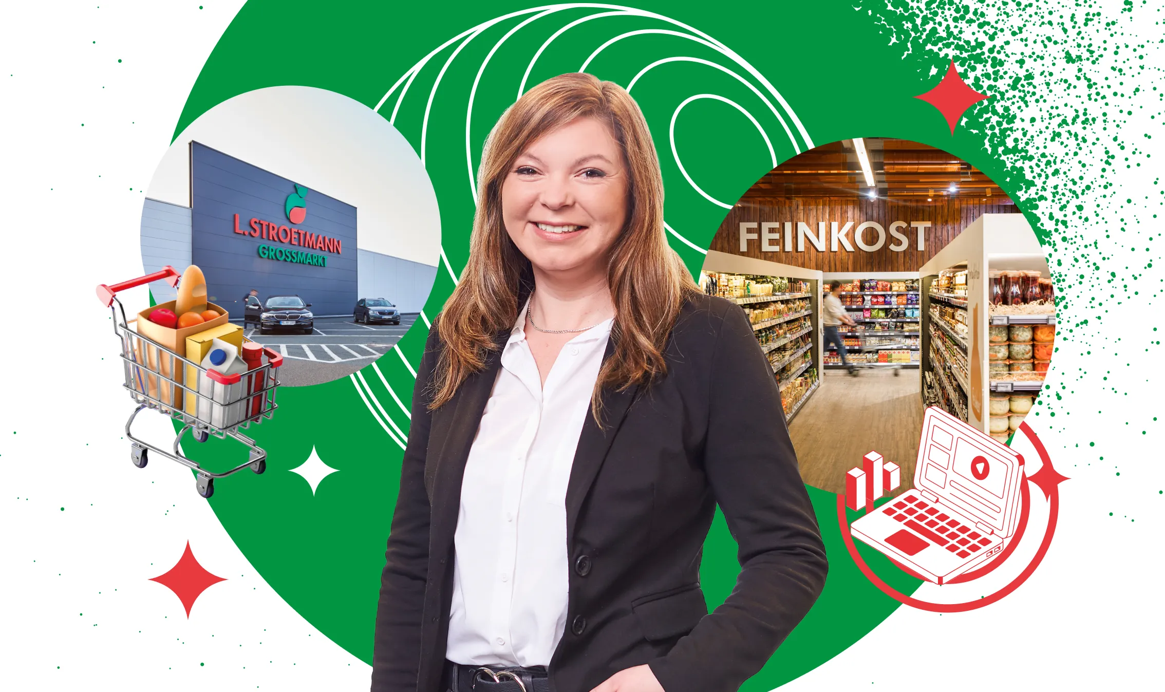 Freundliche Frau im Business-Outfit vor Supermarkt, Feinkost-Abteilung und Einkaufswagen – starte Deine Karriere im Lebensmittelhandel.
