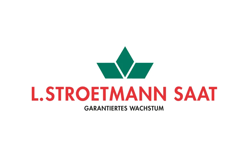 Das Logo von L. Stroetmann Saat mit grünem Saat-Symbol und dem Slogan "Garantiertes Wachstum".