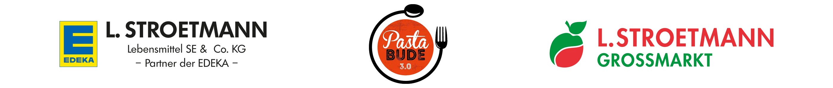 Drei Logos aus der Lebensmittelbranche: EDEKA Stroetmann, Pasta Bude 3.0 und Stroetmann Großmarkt.