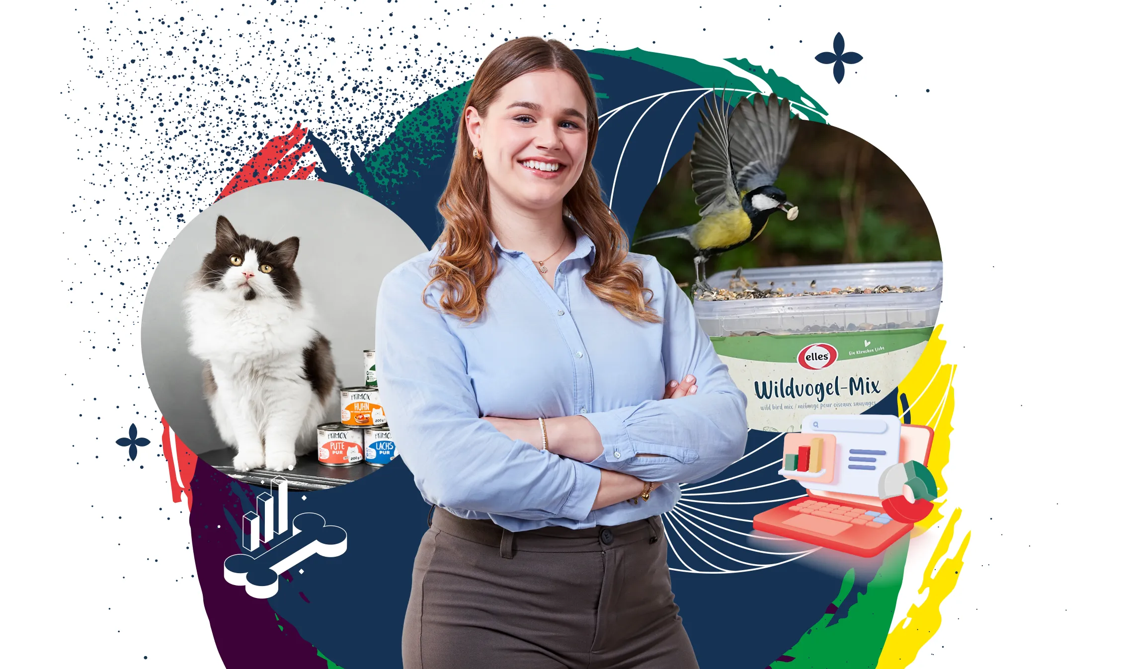Junge Frau lächelt selbstbewusst, umgeben von Tiernahrung für Katzen und Vögel – Deine Karriere in der Food & Beverage Branche.