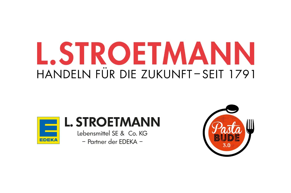 Logos von L. Stroetmann, EDEKA und Pasta Bude 3.0 mit dem Slogan „Handeln für die Zukunft – seit 1791“.