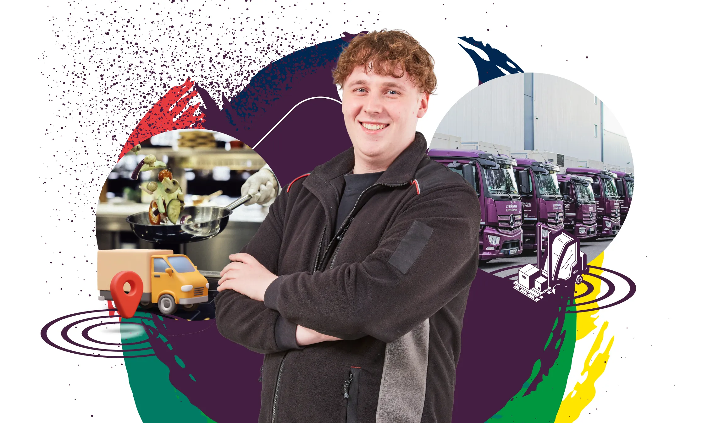 Junger Mann mit verschränkten Armen lächelt vor Bildern von Foodtrucks, Lieferwagen und einer Kochszene – starte Deine Karriere in der Lebensmittelbranche.