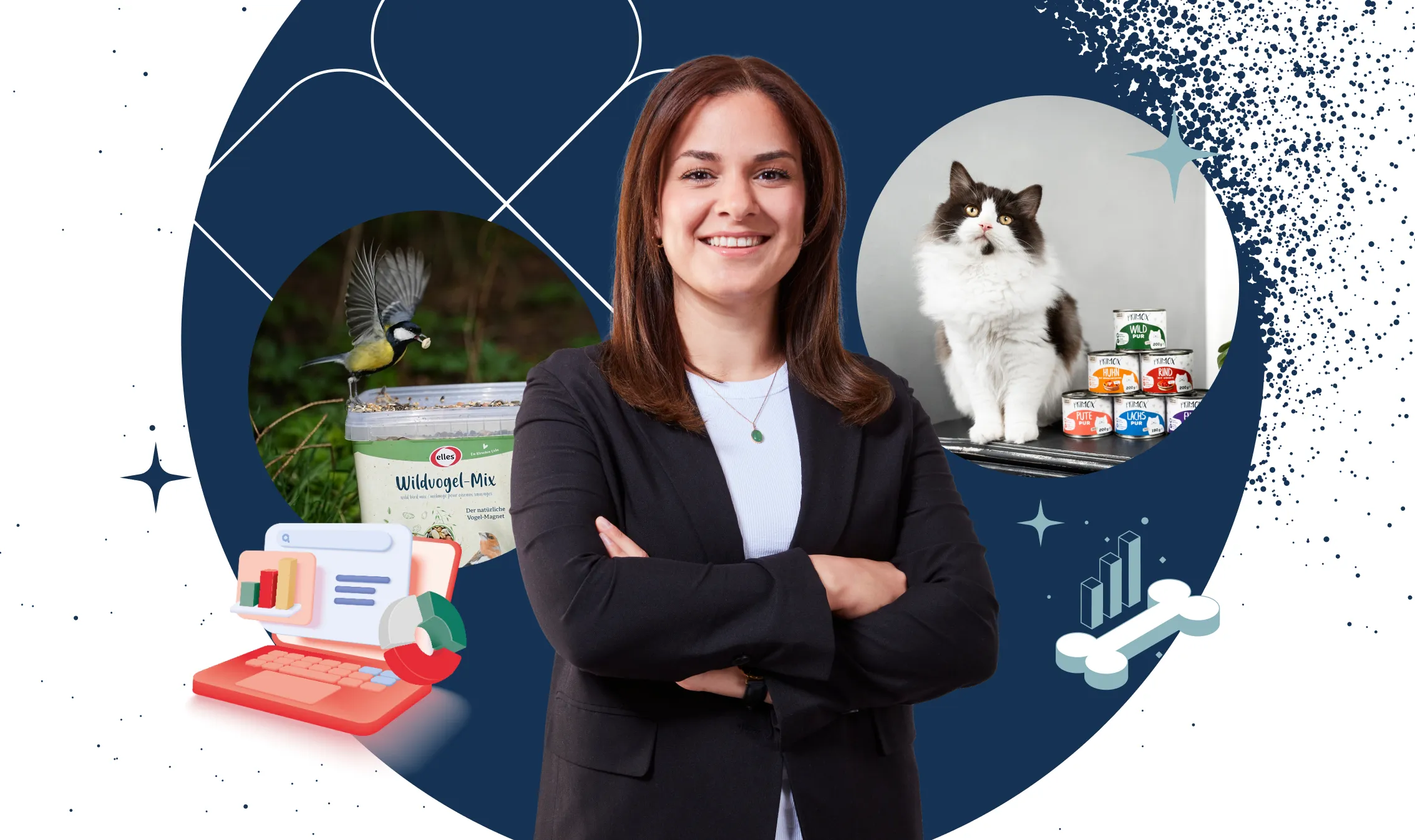 Junge Frau im Business-Outfit lächelt; links Vogelfutter, rechts Katze mit Dosenfutter – Karriere in der Tiernahrungsbranche.