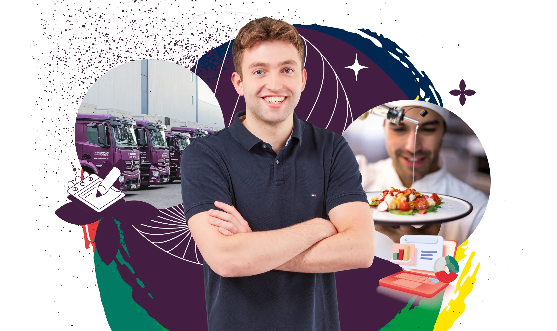 Junger Mann lächelt selbstbewusst, im Hintergrund LKWs und ein Koch, der ein Gericht anrichtet – entdecke Deine Karriere in Food & Beverage.