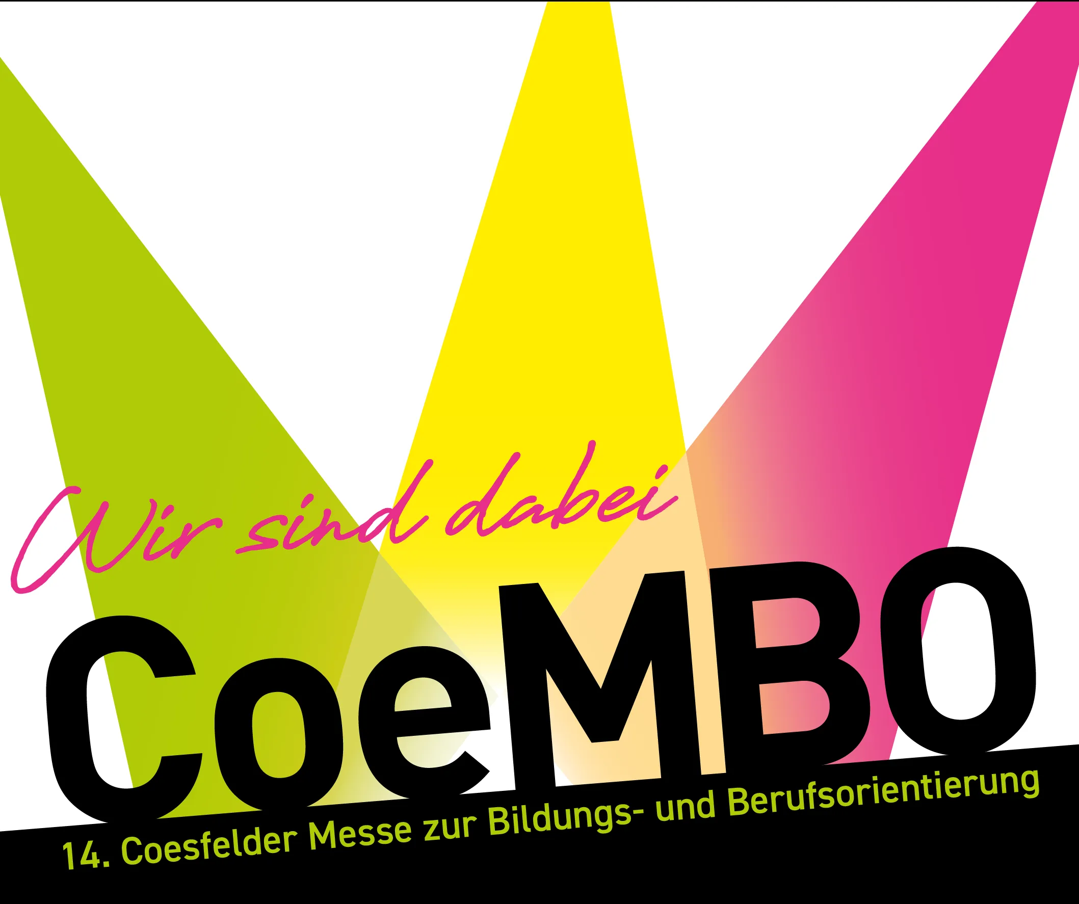 Logo mit dem Schriftzug „CoeMBO“ vor bunten, strahlenförmigen Farbflächen in Grün, Gelb und Pink.