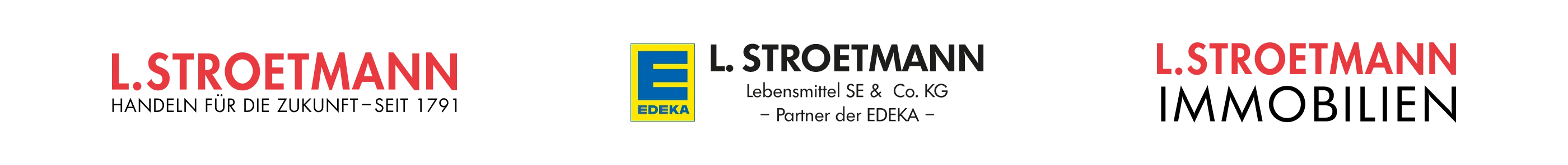 Drei Logos von L. Stroetmann und EDEKA, ideal für Deine Karriere im Lebensmittelbereich.