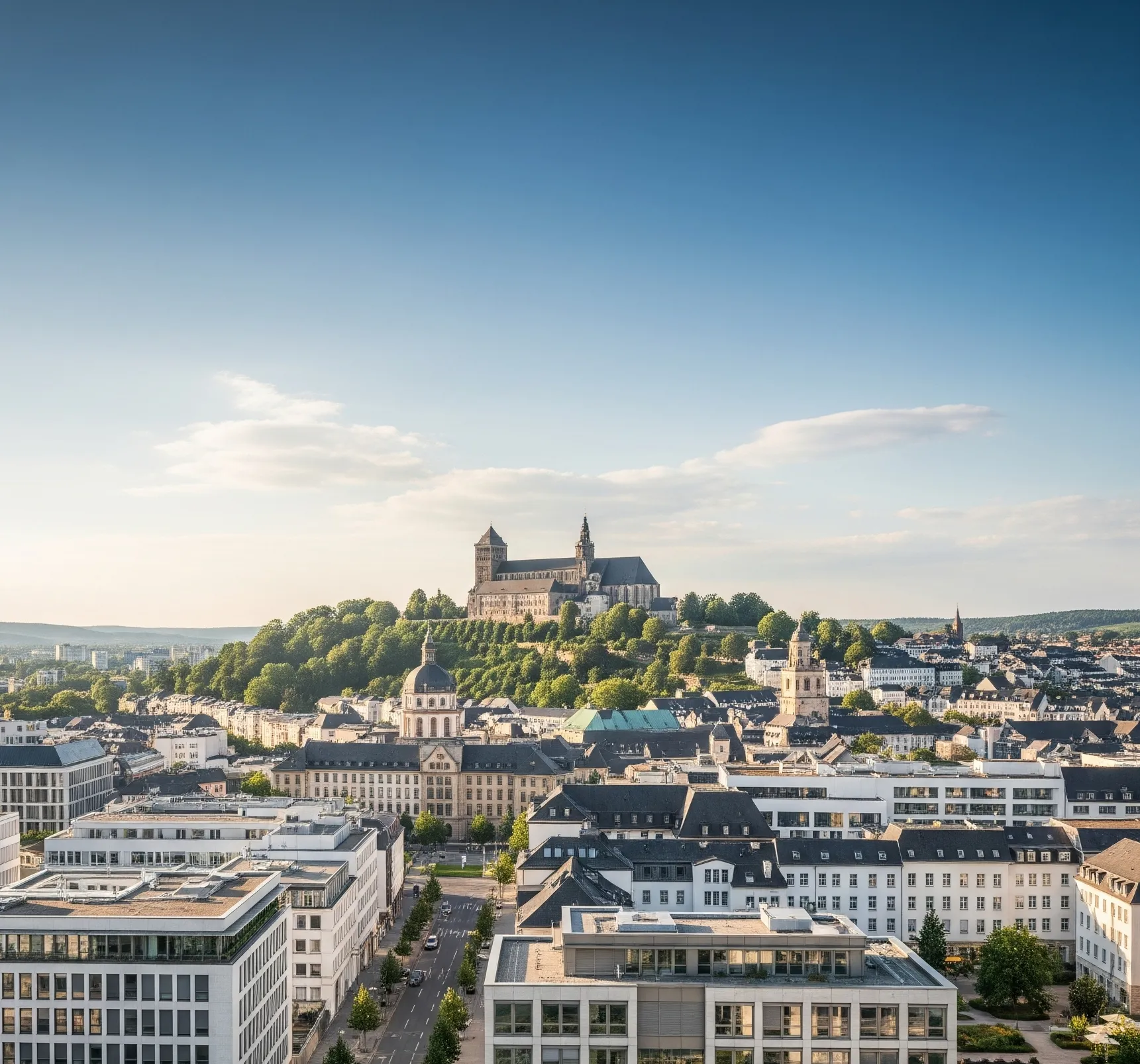 Eine malerische Stadtansicht mit Kirchen, grüner Landschaft und traditioneller Architektur bei Lieblings-Zahnarzt.