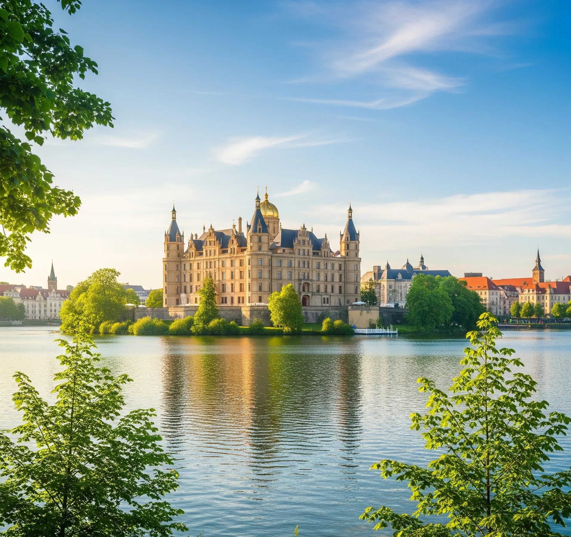 Ein Fluss fließt vor einem historischen Gebäude in einer Stadt bei Sonnenuntergang, perfekt für eine entspannende Umgebung.