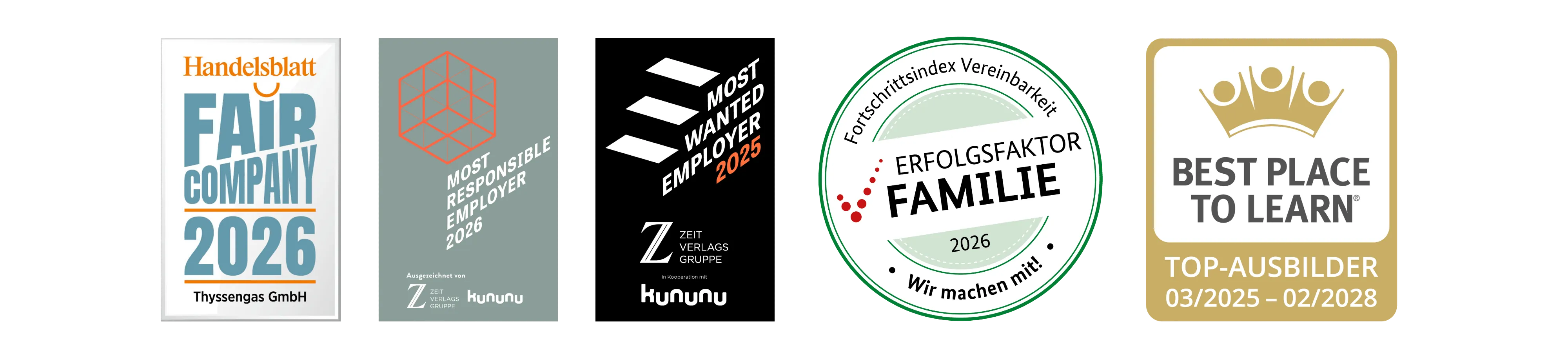 Fünf Auszeichnungen für Thyssengas als fairer, verantwortungsvoller und familienfreundlicher Arbeitgeber sowie Top-Ausbilder.