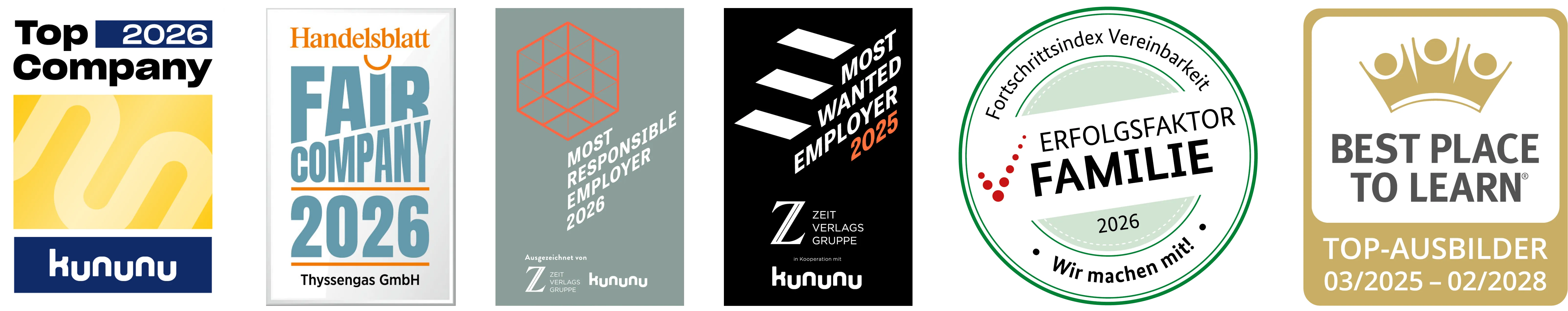 Fünf Auszeichnungen für Thyssengas als fairer, verantwortungsvoller und familienfreundlicher Arbeitgeber sowie Top-Ausbilder.