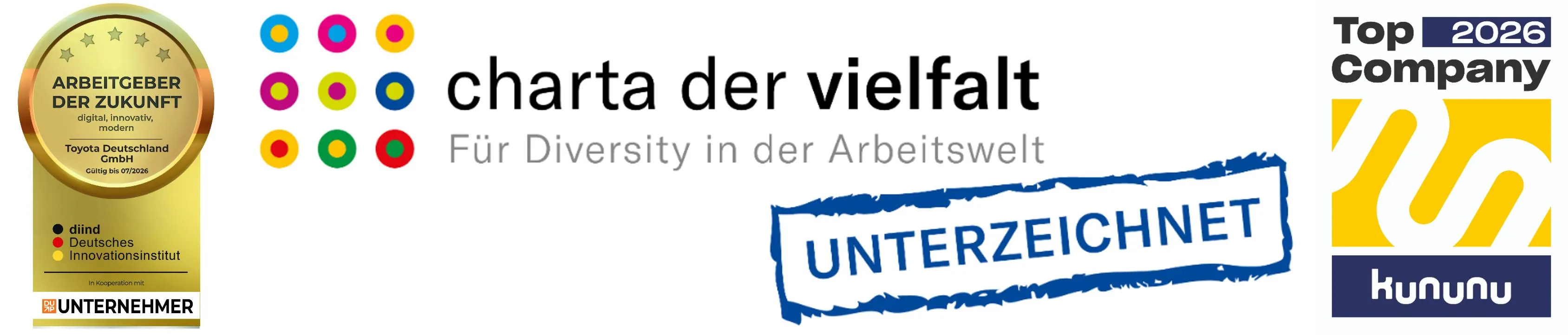 Logos von Auszeichnungen für Toyota Deutschland GmbH: Charta der Vielfalt, Arbeitgeber der Zukunft und Top Company 2025.