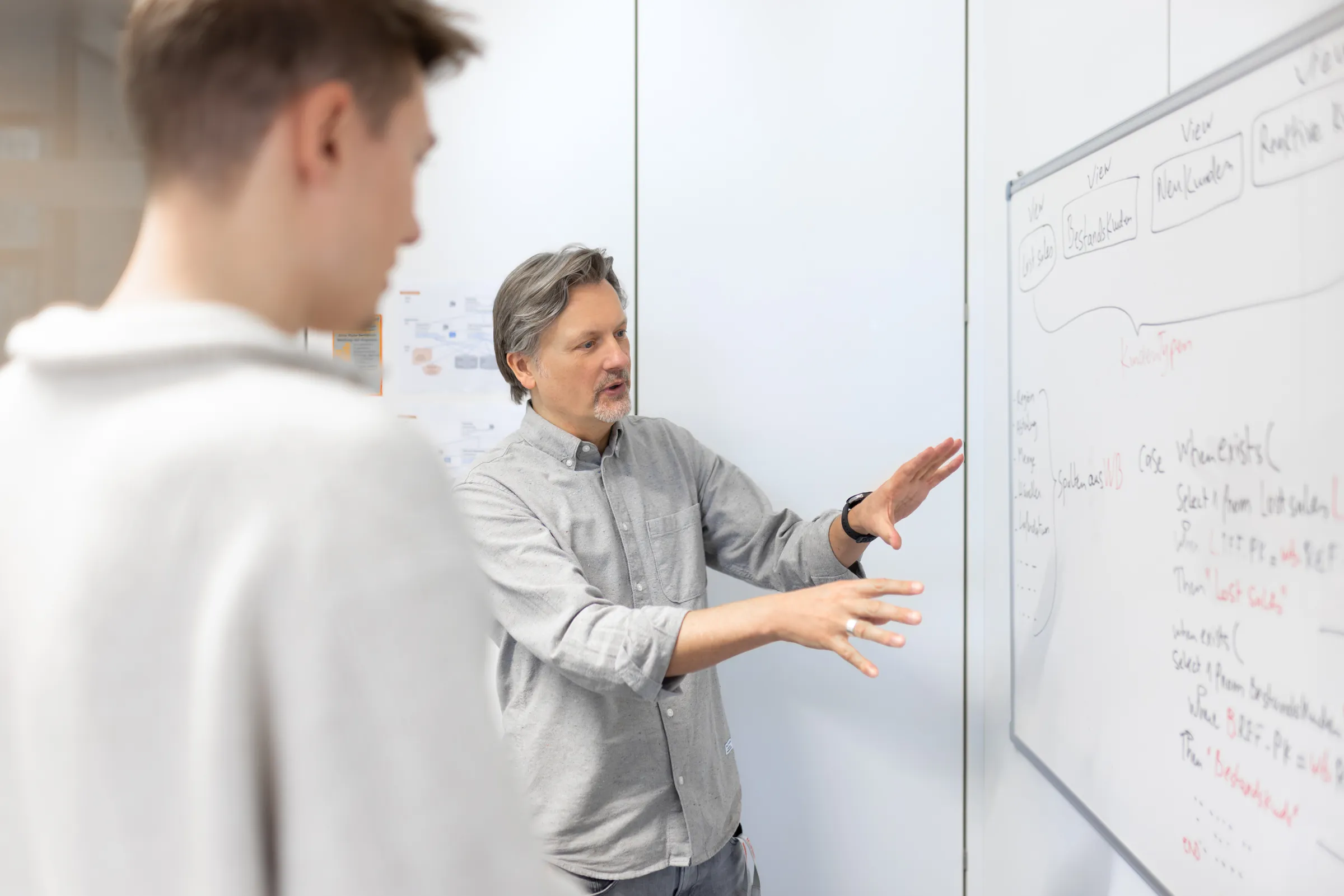 Mitarbeitende besprechen Arbeitsinhalte am Whiteboard