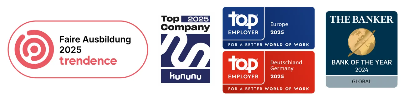 Top Employer badges for UniCredit Bank AG in Germany and Europe, plus 2025 Top Company award from Kununu.