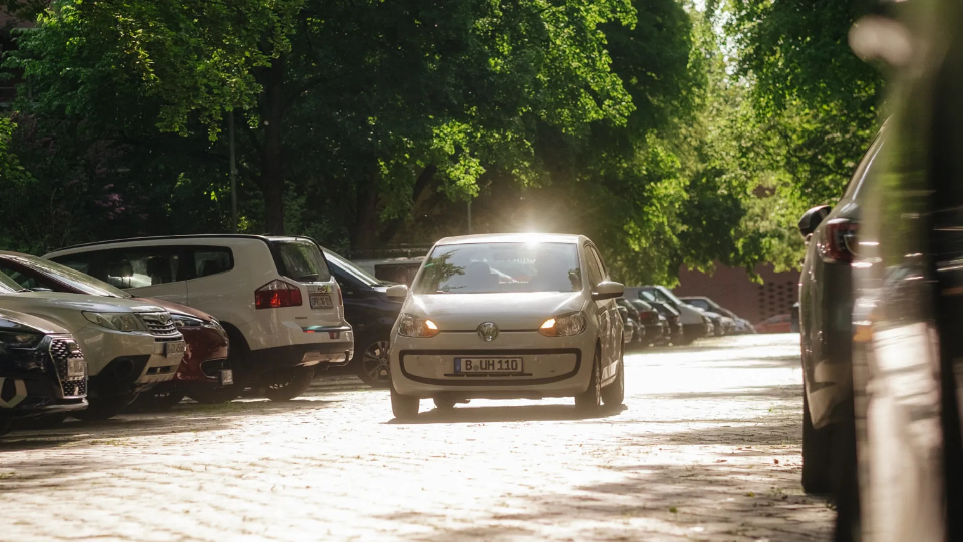 Ein Auto fährt eine von Bäumen gesäumte Straße entlang. Perfekt für den Arbeitsweg im Gesundheitswesen bei Unionhilfswerk.