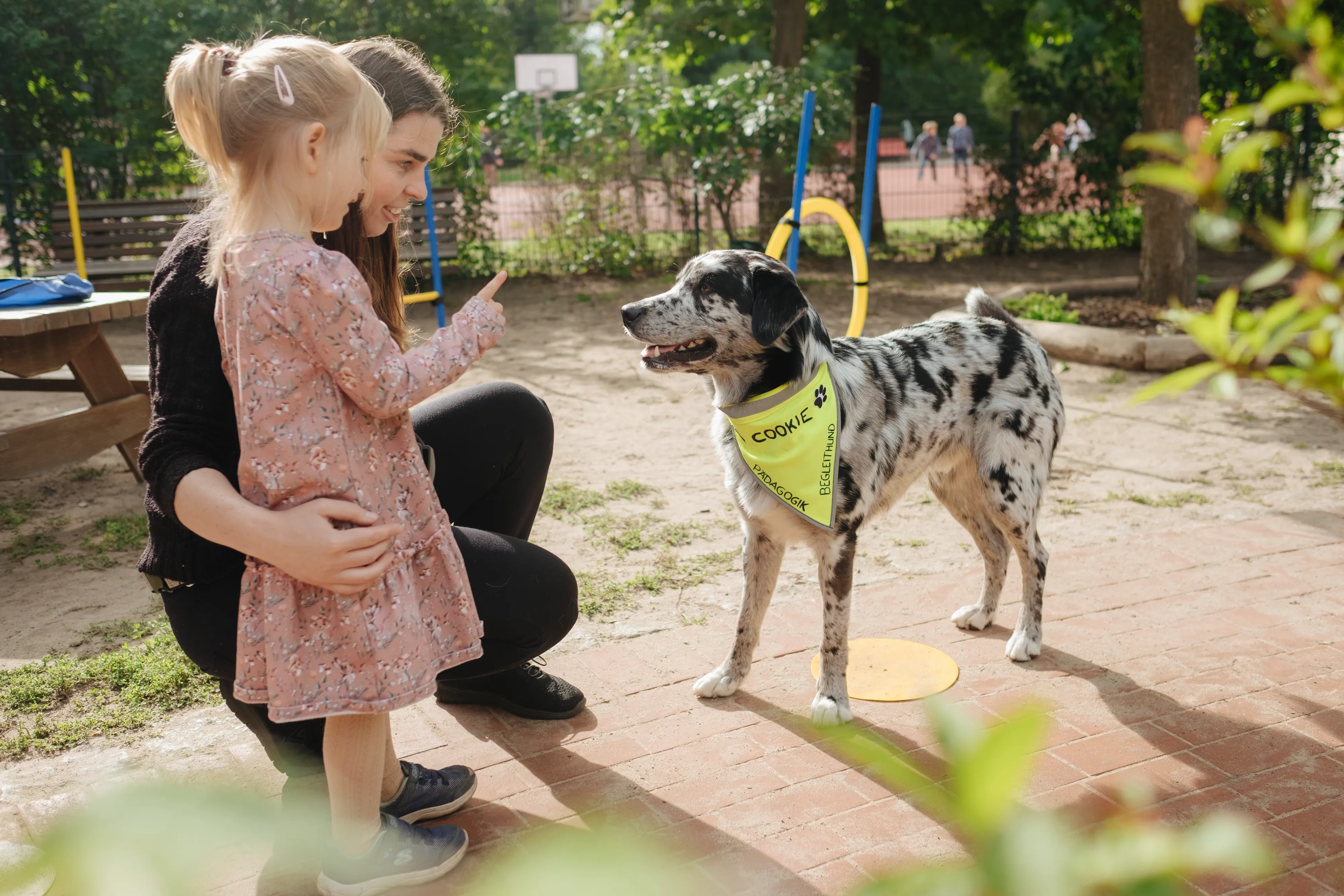Ein Auto fährt eine von Bäumen gesäumte Straße entlang. Perfekt für den Arbeitsweg im Gesundheitswesen bei Unionhilfswerk.