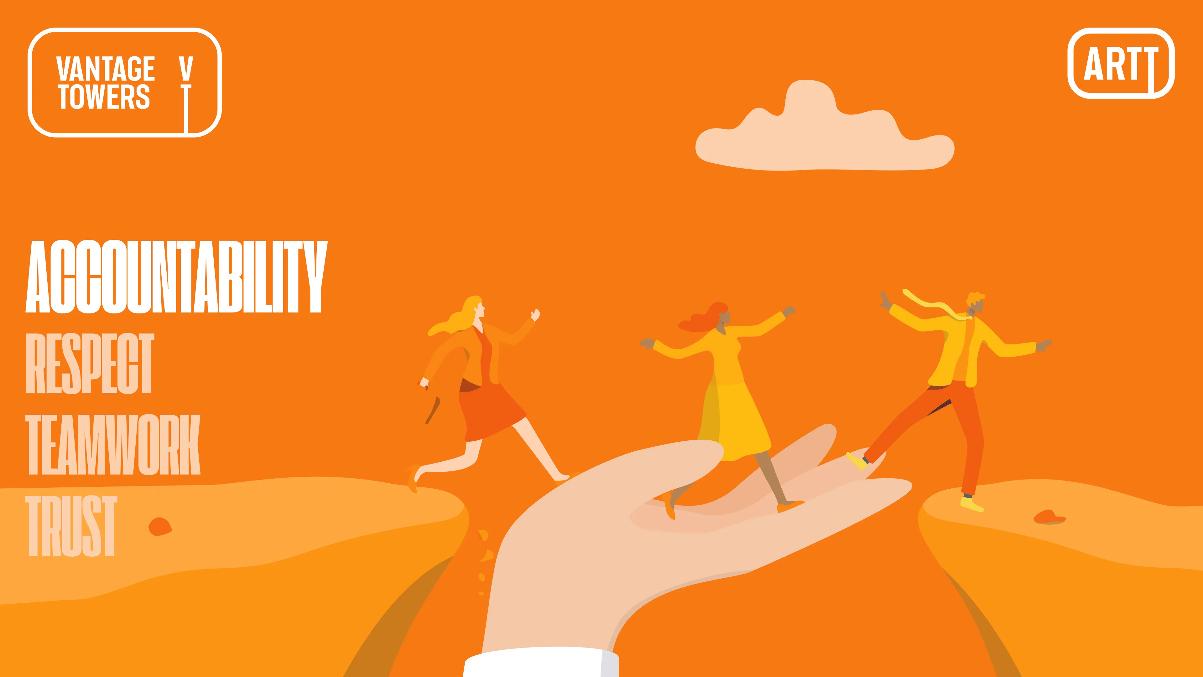 Illustration of diverse colleagues helping each other across a gap, symbolizing teamwork and trust at Vantage Towers AG.