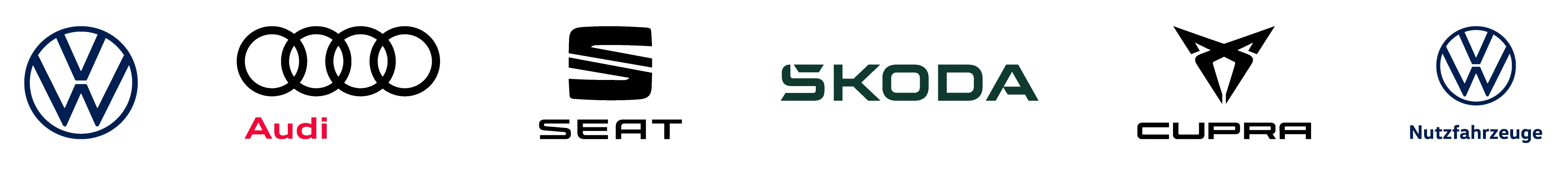 Logos der Automarken Volkswagen, SEAT, ŠKODA, CUPRA, VW Nutzfahrzeuge und Audi Service auf weißem Hintergrund.