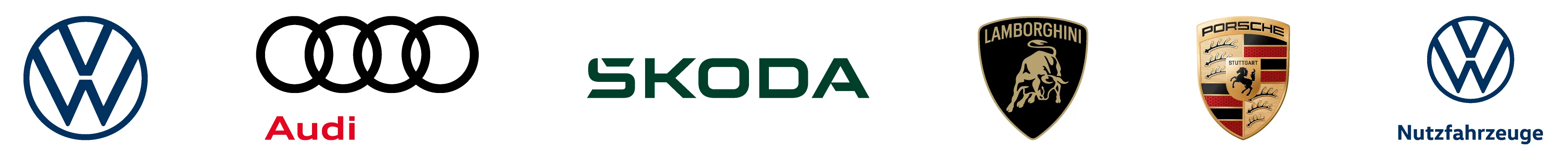 Logos der Automarken Volkswagen, Audi, SEAT, ŠKODA, CUPRA und Volkswagen Nutzfahrzeuge auf weißem Hintergrund.