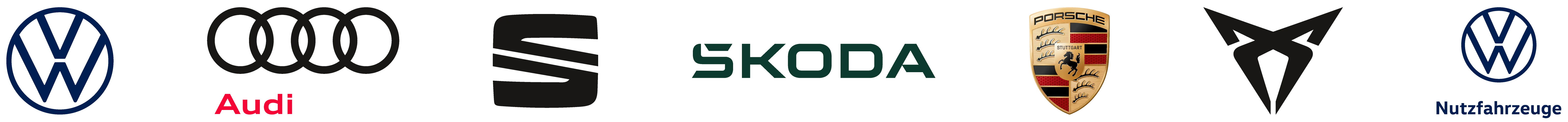 Logos von Volkswagen, Audi, Porsche, Volkswagen Nutzfahrzeuge und Škoda Service, nebeneinander angeordnet.