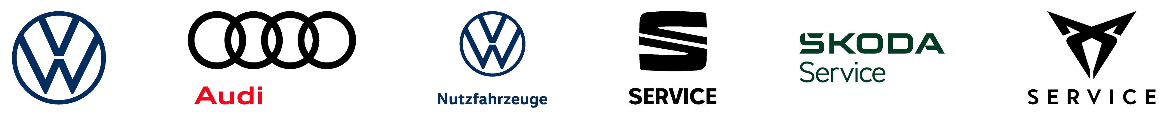 Logos von Volkswagen, Audi, Volkswagen Nutzfahrzeuge und ŠKODA Service nebeneinander auf weißem Hintergrund.