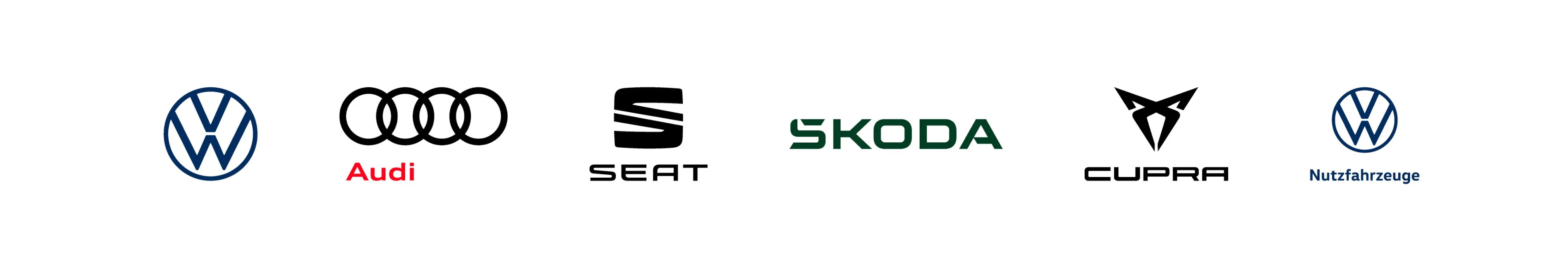 Logos der Automarken Volkswagen, Audi, SEAT, ŠKODA, CUPRA und Volkswagen Nutzfahrzeuge auf weißem Hintergrund.