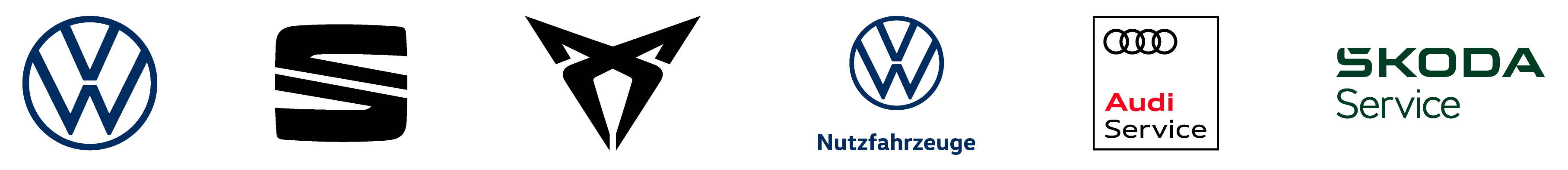 Logos von Volkswagen, Volkswagen Nutzfahrzeuge, Audi Service, SEAT Service, ŠKODA Service und CUPRA Service auf weißem Hintergrund.