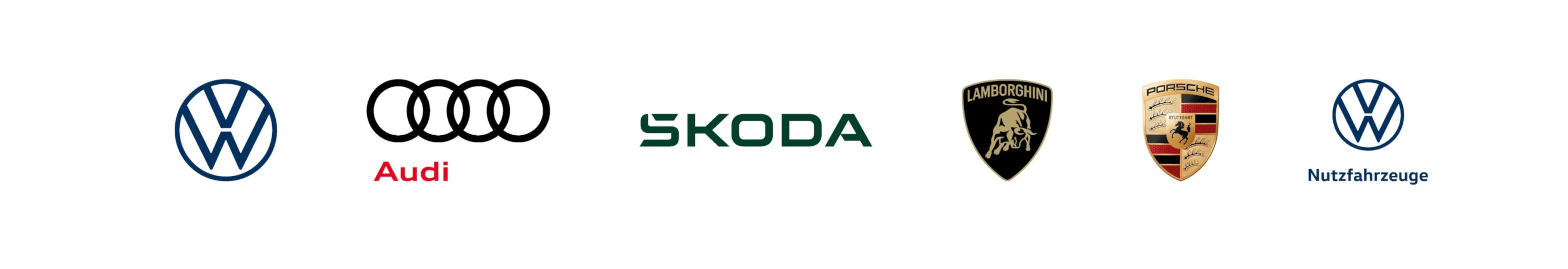 Logos der Marken Volkswagen, Audi, Škoda, Lamborghini, Porsche und Volkswagen Nutzfahrzeuge nebeneinander.