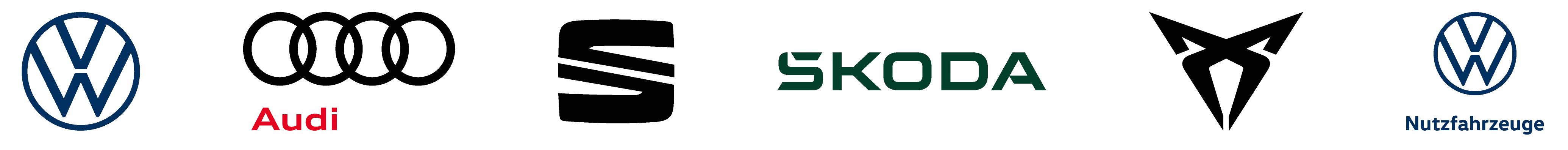 Logos der Automarken Volkswagen, Audi, SEAT, ŠKODA, CUPRA und Volkswagen Nutzfahrzeuge auf weißem Hintergrund.