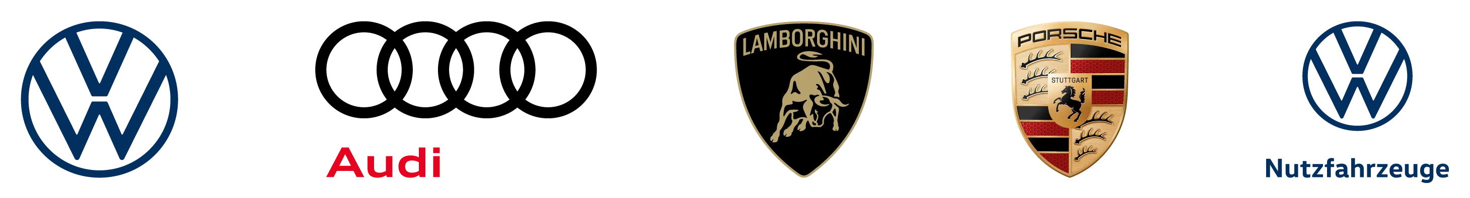 Logos der Marken Volkswagen, Audi, Skoda, Lamborghini, Porsche und Volkswagen Nutzfahrzeuge auf einer Karrierewebseite.
