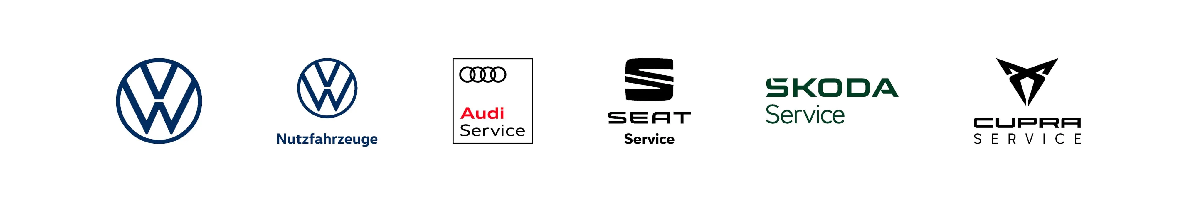 Logos von Volkswagen, Volkswagen Nutzfahrzeuge, Audi Service, SEAT Service, ŠKODA Service und CUPRA Service auf weißem Hintergrund.